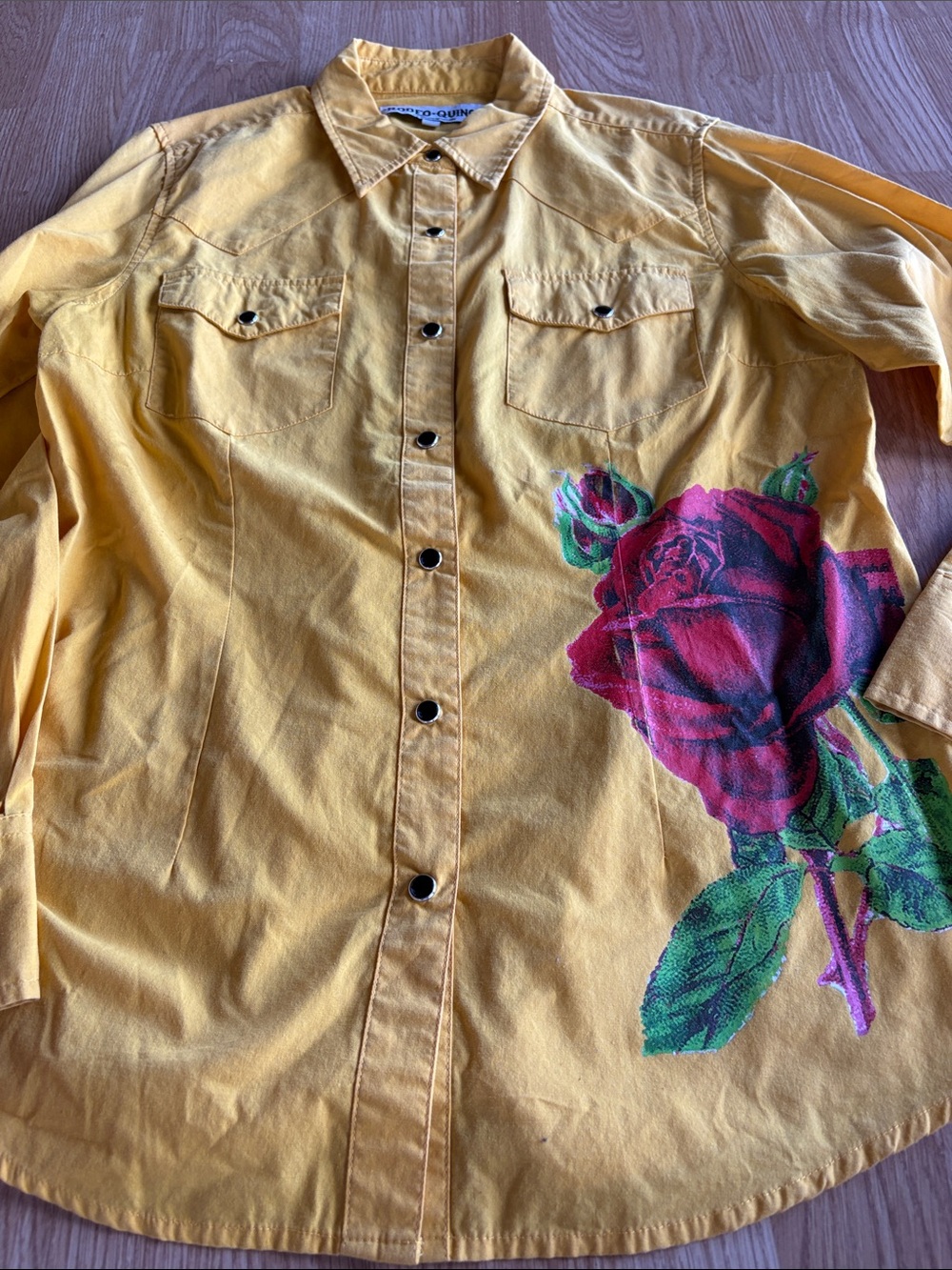 Yellow Button-Down Shirt with Rose Print